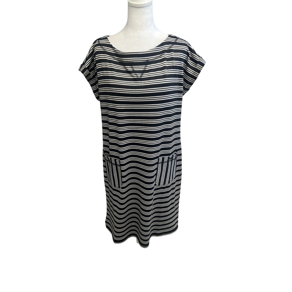 Retro Talbots Striped Shift Dress Sz MP Black White Pockets Nautical Coastal Mod